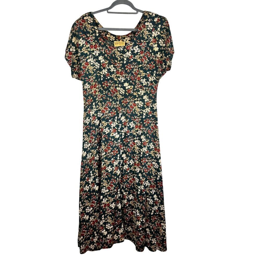 Retro Floral Midi Dress Green 10 Prairie Cottagecore Hippie Boho Western Folk
